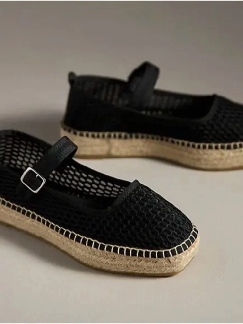Black Mesh Espadrille Mary Jane Flats